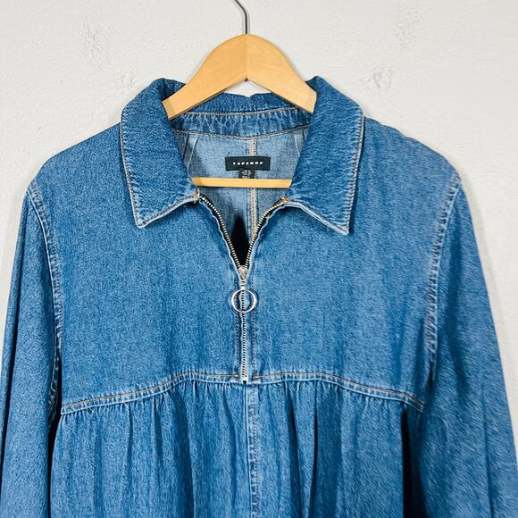 Topshop CHambray Apron Dress Empire Waist Blue Zip Front Casual Midi - 12 - Picture 3 of 5